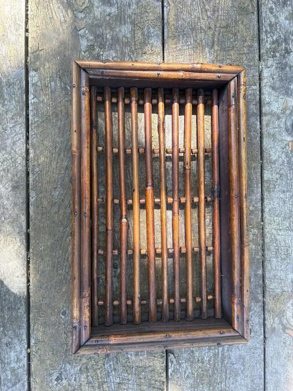 Vintage Tortoise Shell Bamboo Serving Tray Handmade Handcrafted Boho 14